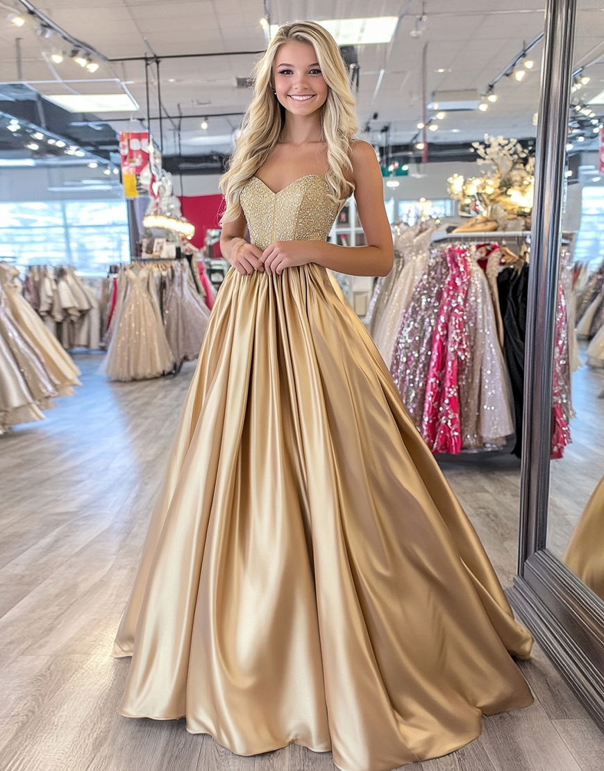 Sparkly Gold Sweetheart A-Line Satin Long Prom Dress with Beading