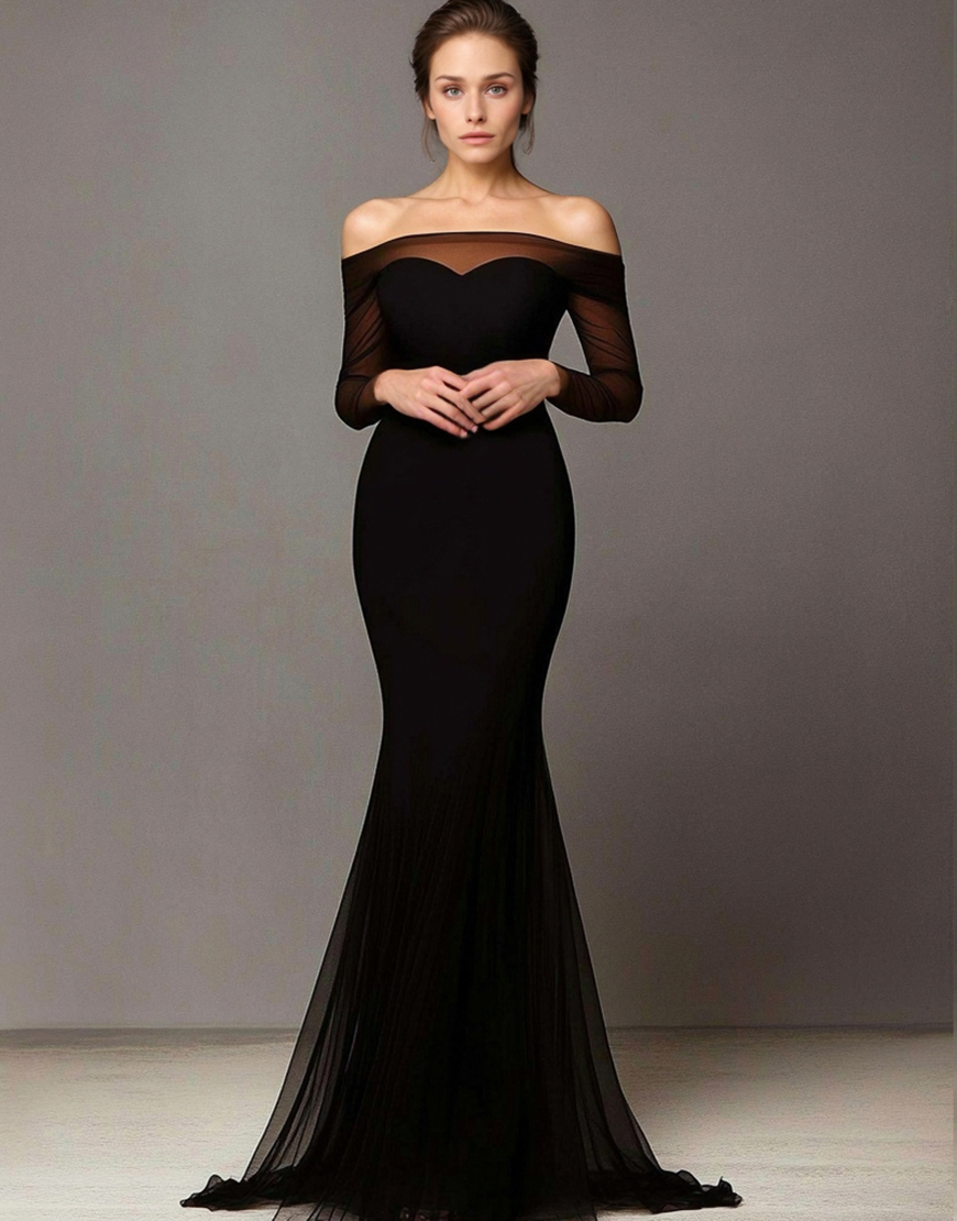 Elegant Black Off the Shoulder Mermaid Long Prom Dress with Long Sleeves