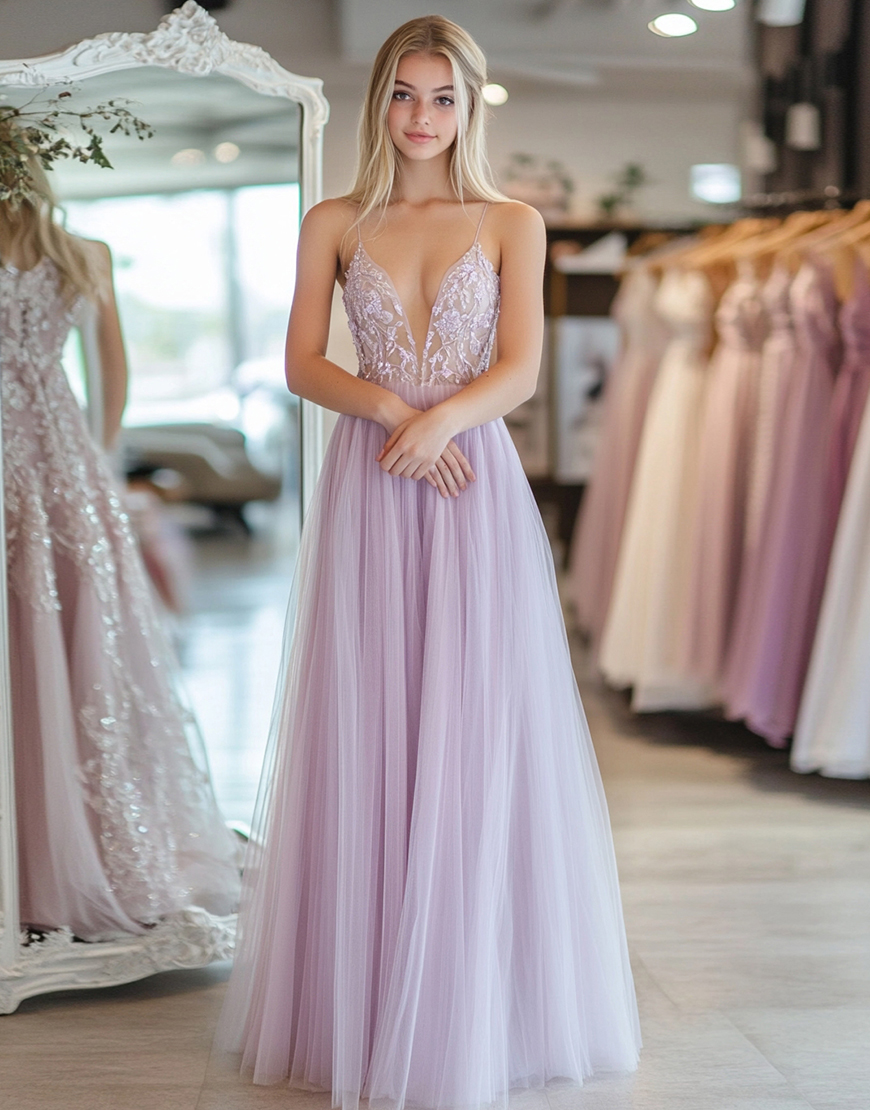 Glitter Light Purple A-Line Spaghetti Straps Tulle Long Prom Dress with Appliques