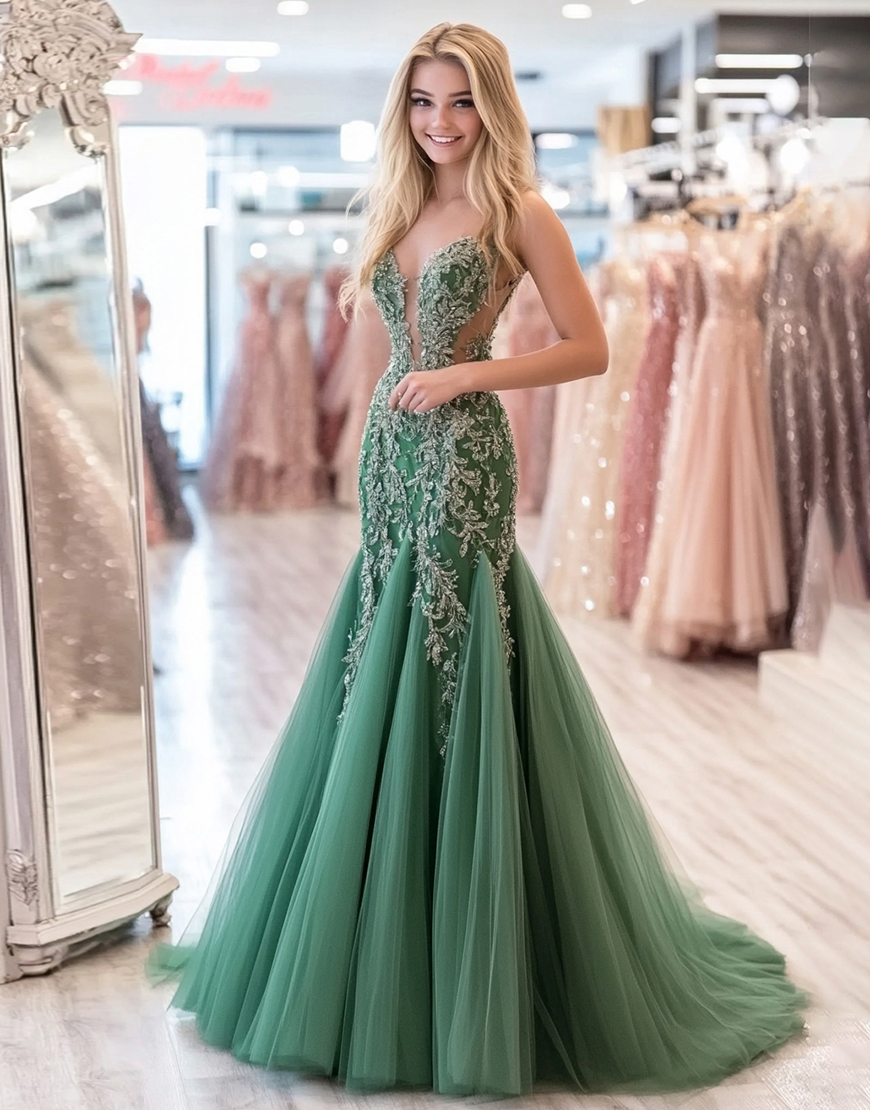 Sparkly Agave Mermaid Tulle Strapless Long Prom Dress with Sequined Appliques