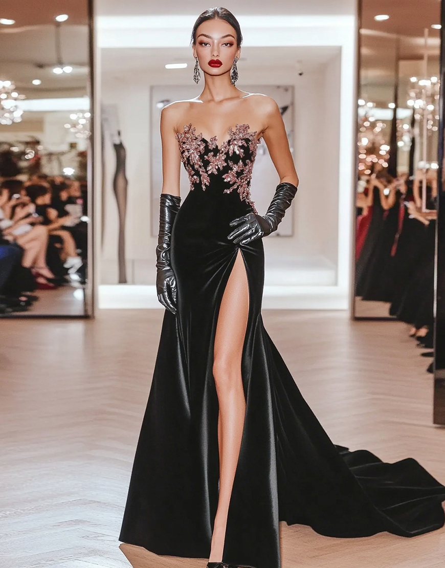 Sparkly Black Strapless Mermaid Applique Long Prom Dress with Slit