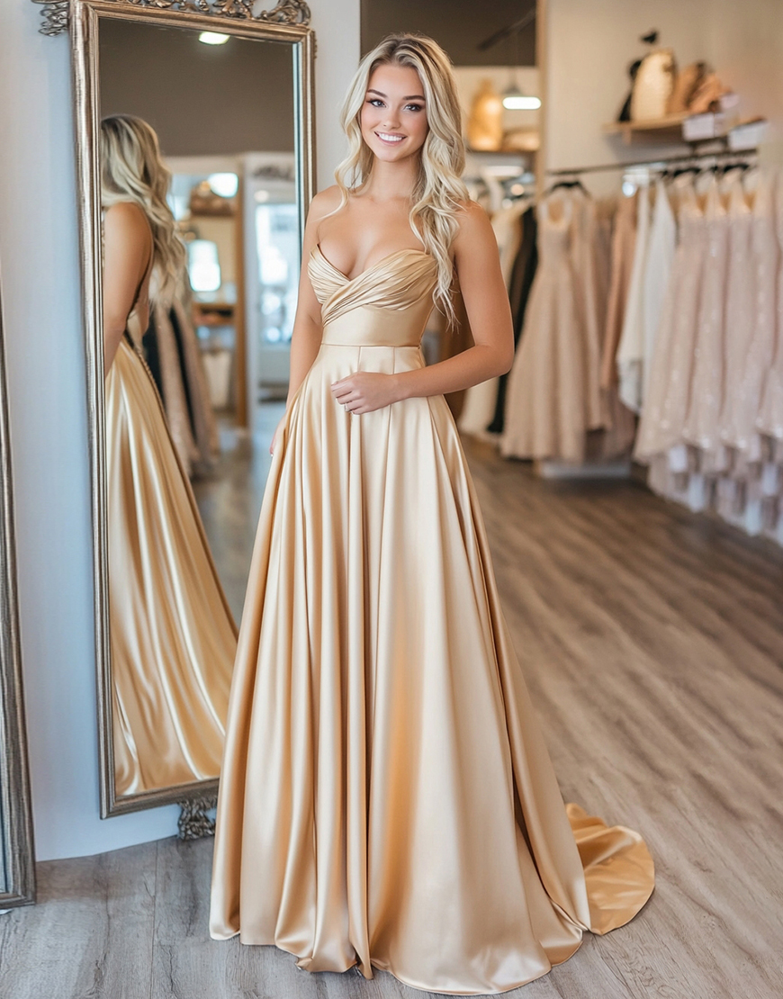 Simple Gold A-Line Strapless Ruched Satin Long Prom Dress