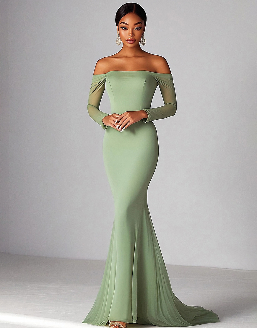 Simple Sage Mermaid Off the Shoulder Long Prom Dress with Long Sleeves