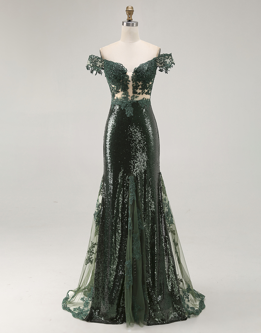 Sparkly Dark Green Mermaid Off the Shoulder Long Prom Dress with Sequined Appliques