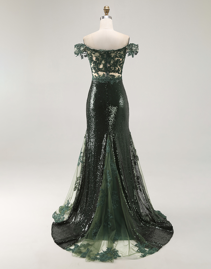 Sparkly Dark Green Mermaid Off the Shoulder Long Prom Dress with Sequined Appliques