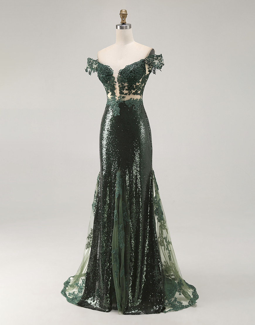Sparkly Dark Green Off the Shoulder Mermaid Long Prom Dress with Sequin