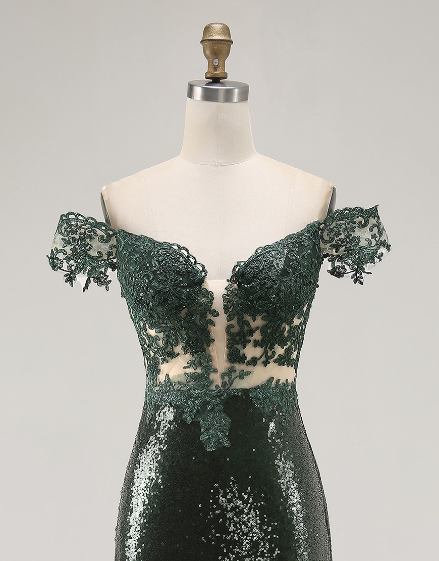 Sparkly Dark Green Off the Shoulder Mermaid Long Prom Dress with Sequin