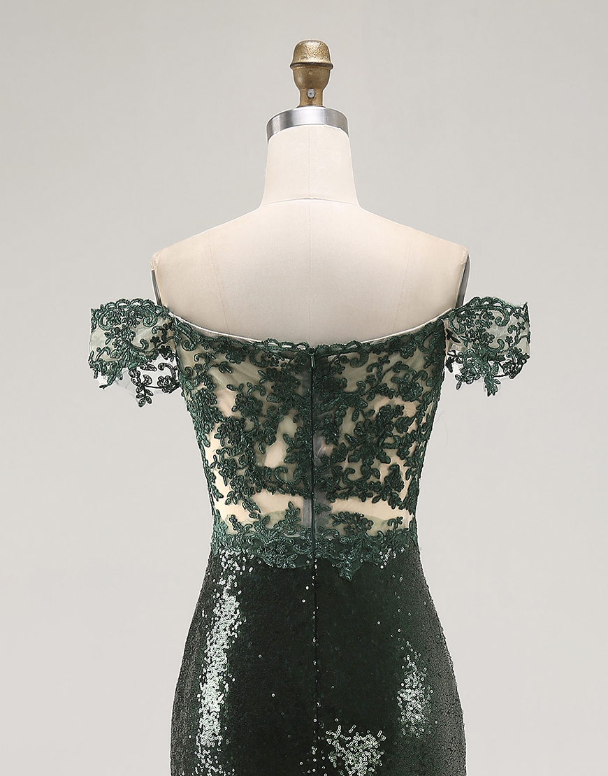Sparkly Dark Green Off the Shoulder Mermaid Long Prom Dress with Sequin