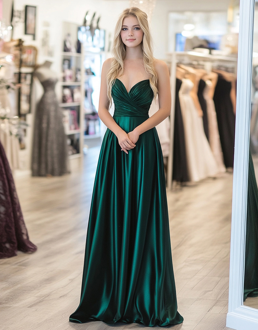 Elegant Dark Green A-Line Sweetheart Ruched Satin Long Prom Dress