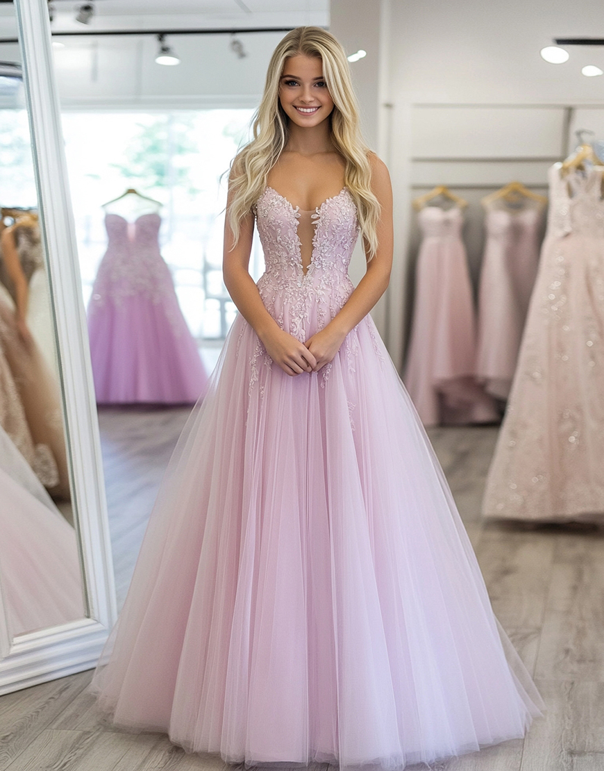 Princess Light Purple Ball Gown Spaghetti Straps Tulle Long Prom Dress with Appliques