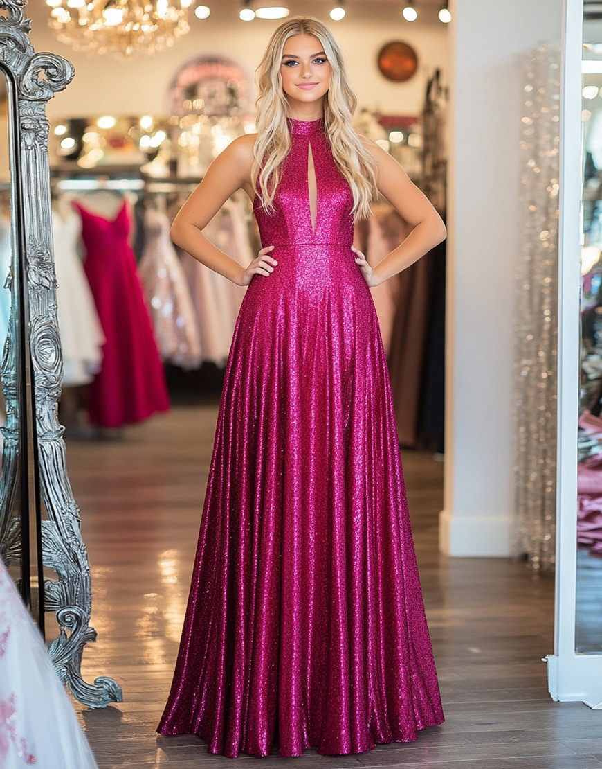Sparkly Fuchsia Halter Sleeveless A Line Long Prom Dress with Hollow Out