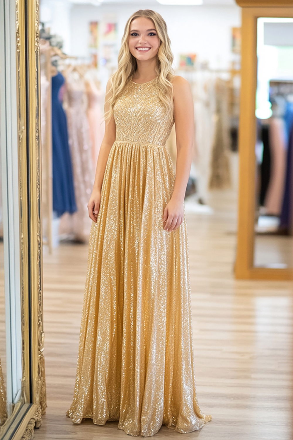 Sparkly Gold Scoop A Line Satin Gathering Long Prom Dress With Sequin