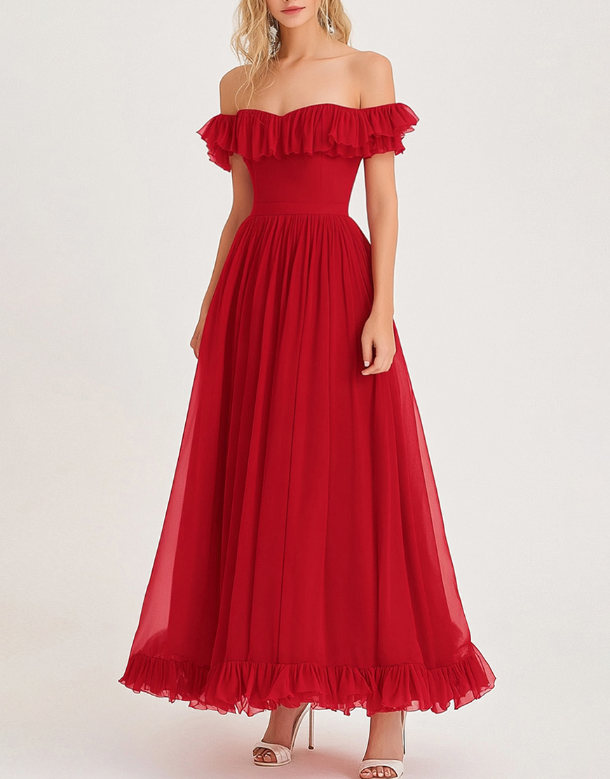 Elegant Red A Line Off The Shoulder Tulle Long Prom Dress With Ruffles