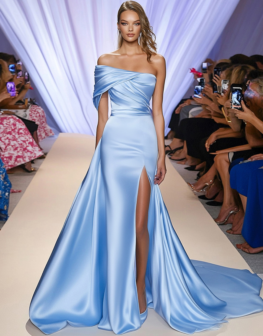 Elegant Light Blue One Shoulder Bodycon Satin Long Prom Dress With Slit
