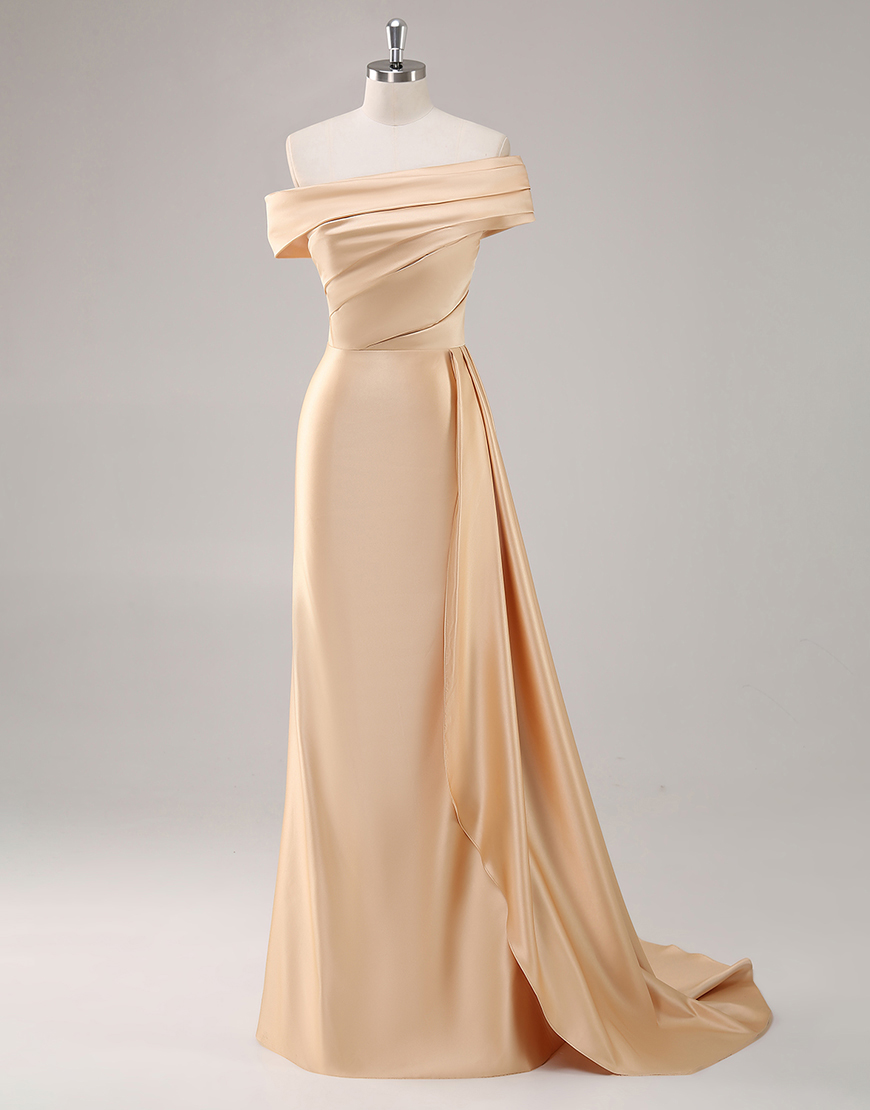 Elegant Champagne One Shoulder Bodycon Satin Long Prom Dress With Ruffles