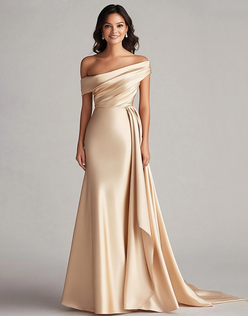 Elegant Champagne One Shoulder Bodycon Satin Long Prom Dress With Ruffles
