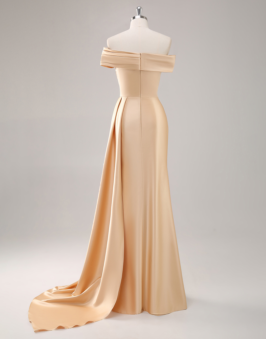 Elegant Champagne One Shoulder Bodycon Satin Long Prom Dress With Ruffles