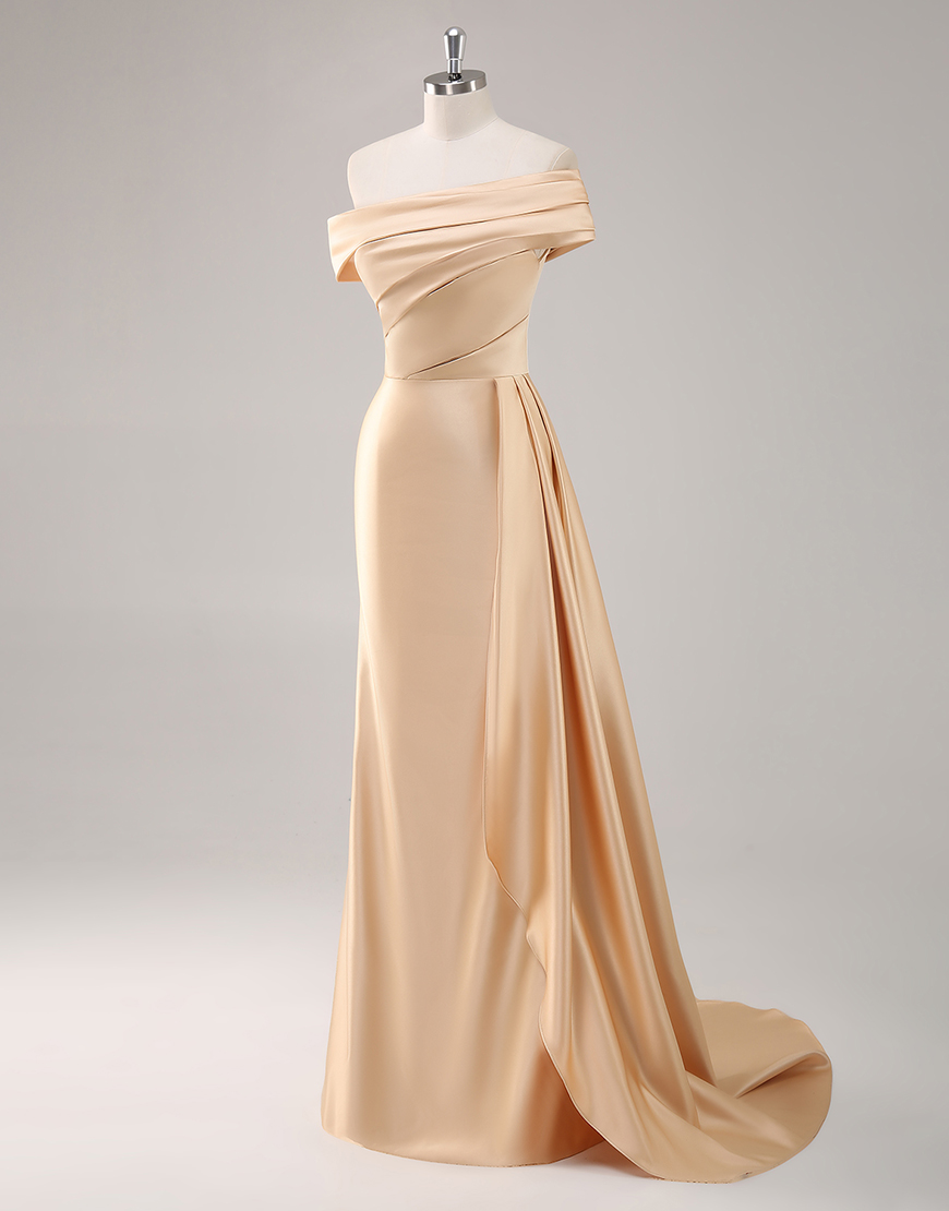 Elegant Champagne One Shoulder Bodycon Satin Long Prom Dress With Ruffles