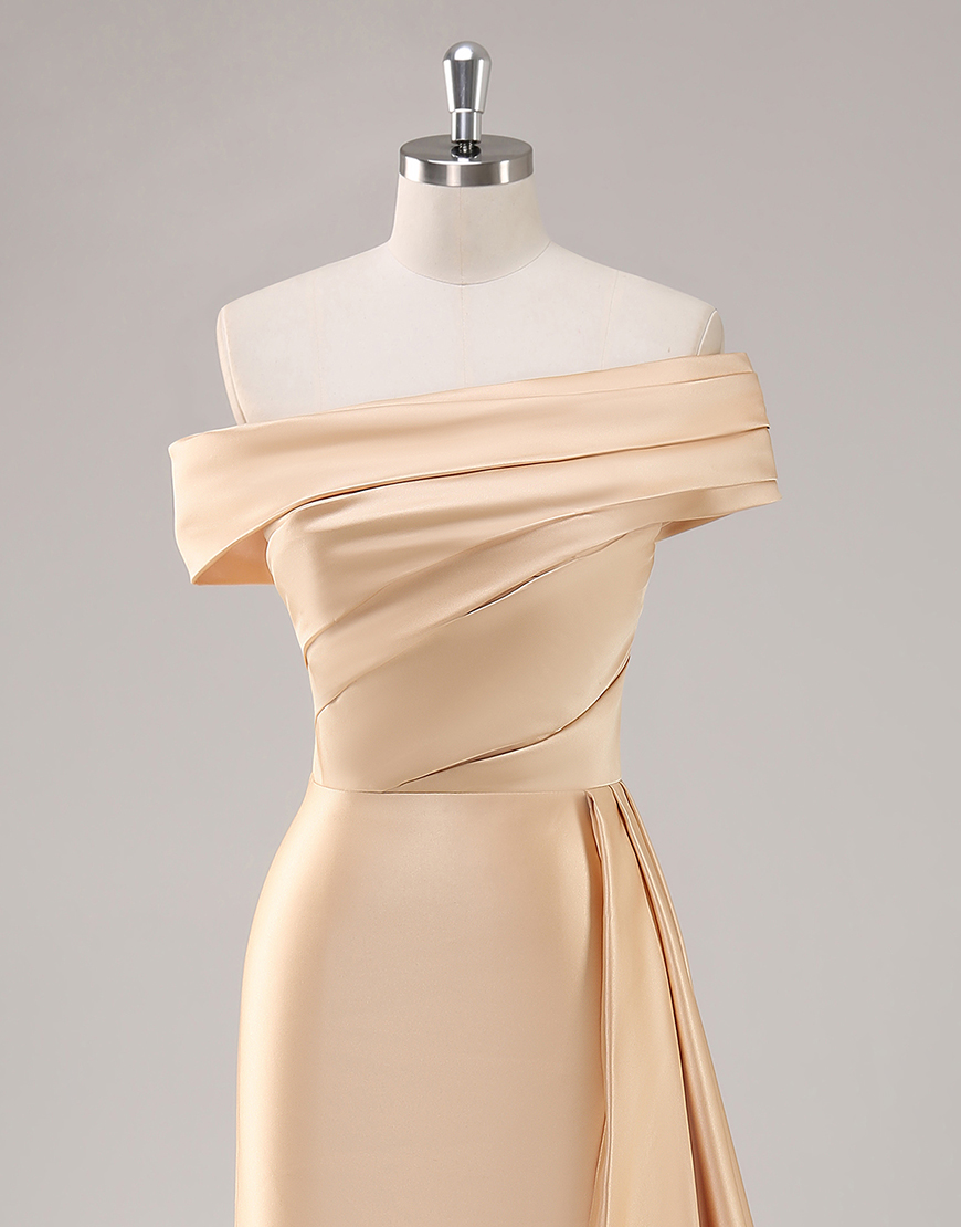 Elegant Champagne One Shoulder Bodycon Satin Long Prom Dress With Ruffles