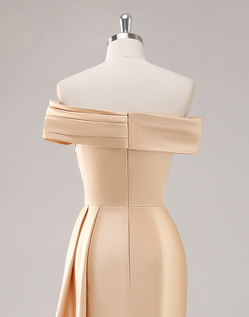 Elegant Champagne One Shoulder Bodycon Satin Long Prom Dress With Ruffles