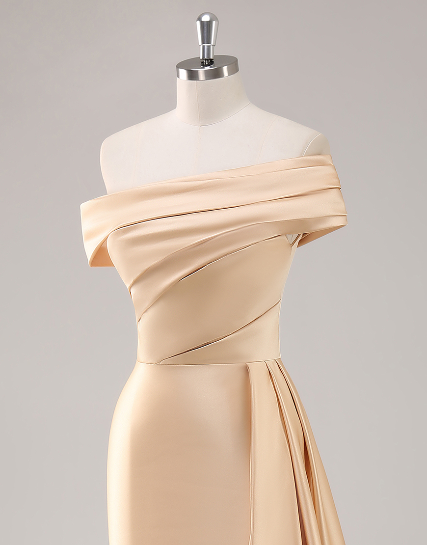 Elegant Champagne One Shoulder Bodycon Satin Long Prom Dress With Ruffles
