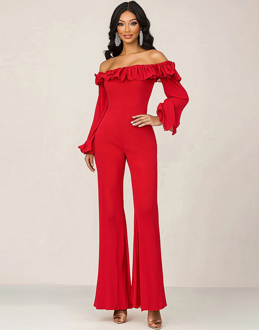 Red Off The Shoulder Long Sleeve Long Prom Jumpsuit with Ruffles
