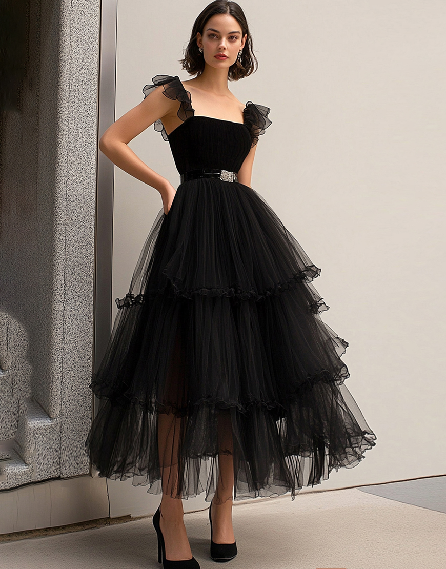 Graceful Black A Line Straps Tulle Long Prom Dress With Ruffles