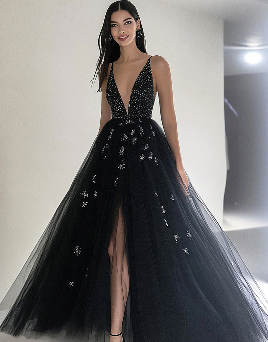 Sparkly Black A Line Deep-V Straps Tulle Slit Long Prom Dress With Beading