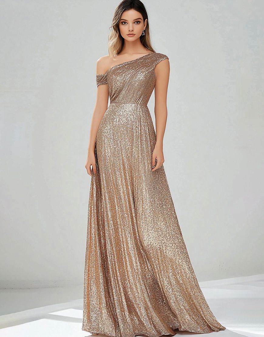 Sparkly Gold A Line One Shoulder Long Prom Dress With Sequin