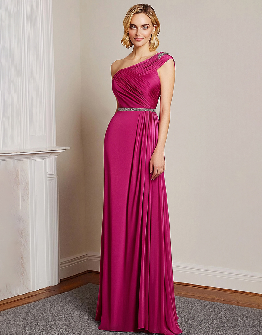 Graceful Fuchsia One Shoulder Ruched Long Prom Dress With Beading