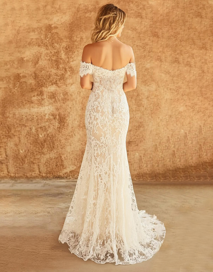 Graceful Ivory Off The Shoulder Sheath Long Prom Dress With Lace