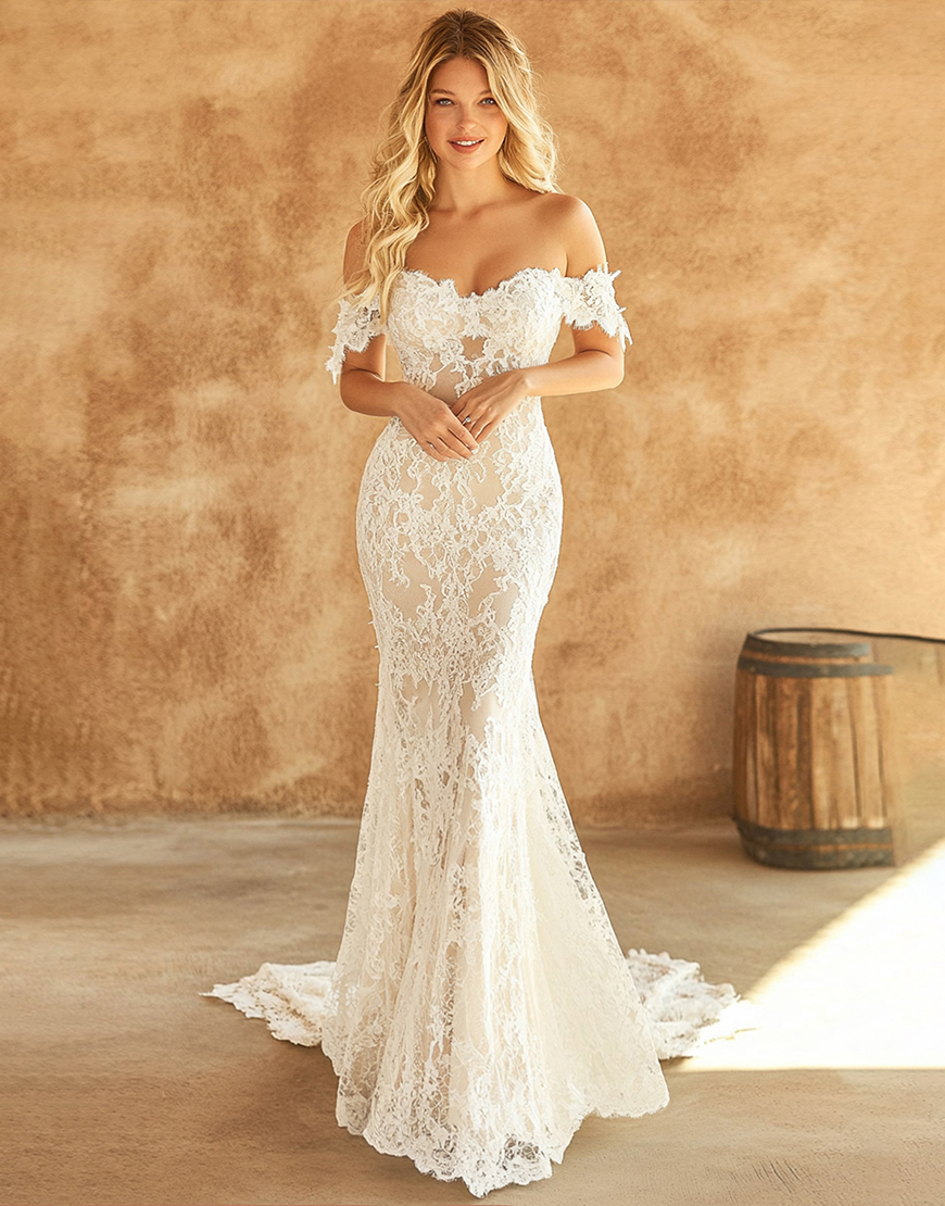 Graceful Ivory Off The Shoulder Sheath Long Prom Dress With Lace