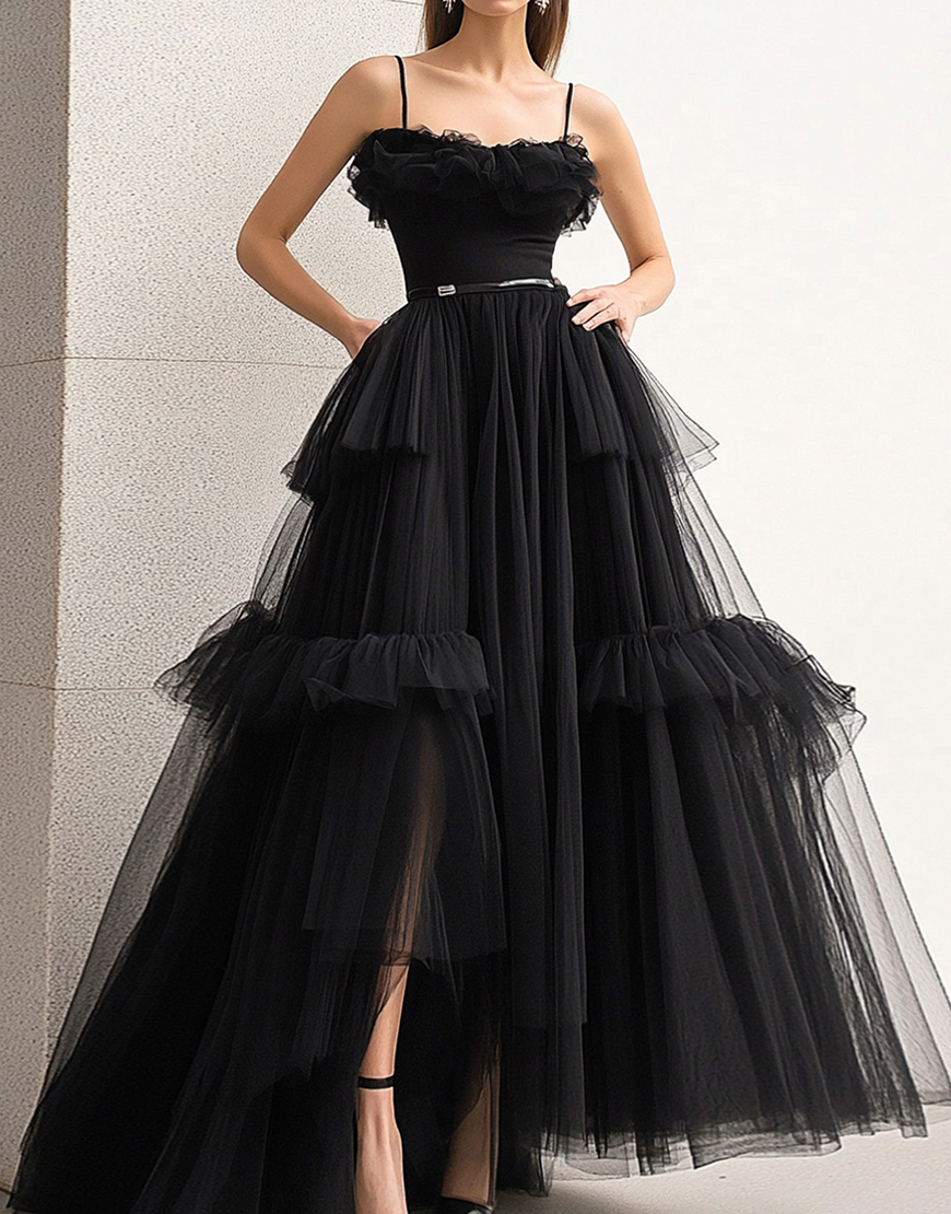 Graceful Black A Line Straps Tulle Long Prom Dress With Ruffles