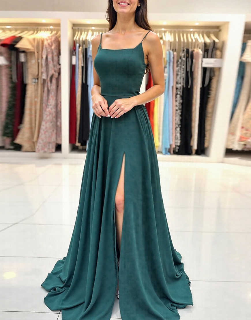 Graceful Mermaid Dark Green Spaghetti Straps Lace-Up Long Prom Dress with Slit
