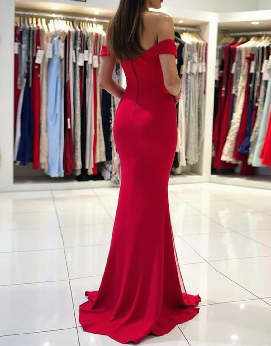 Red Mermaid Off The Shoulder Satin Long Prom Dress With Slit