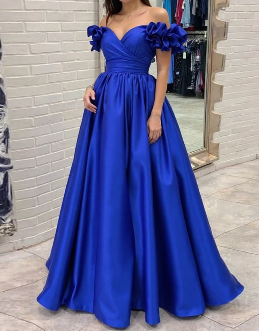 Graceful A-Line Royal Blue Cold Shoulder Puff Sleeve Long Satin Prom Dress 
