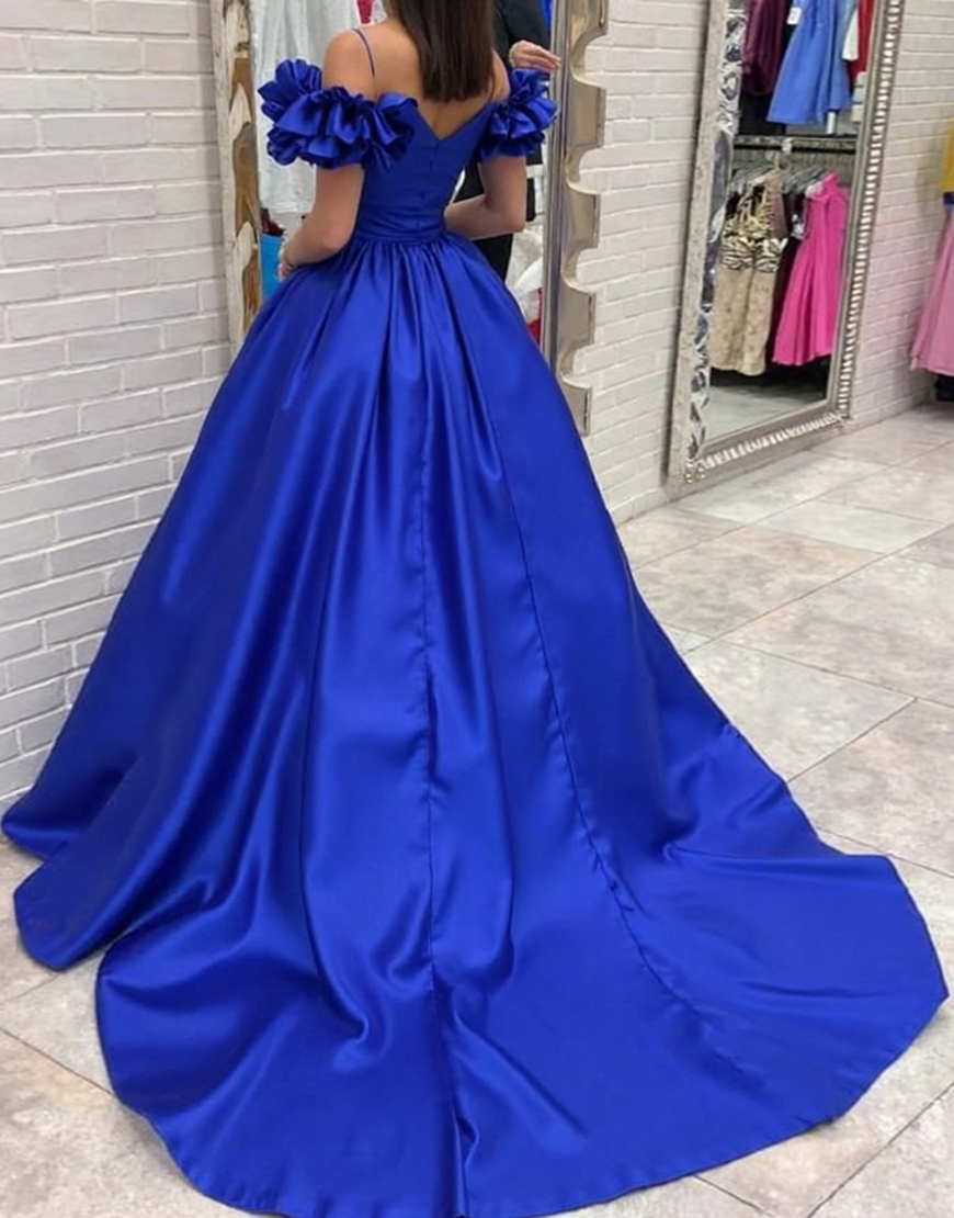 Graceful A-Line Royal Blue Cold Shoulder Puff Sleeve Long Satin Prom Dress 