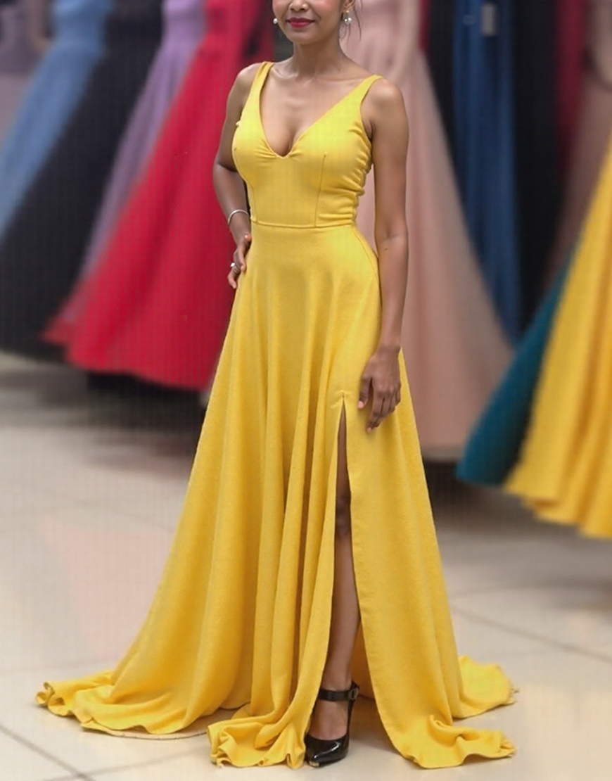 Yellow A-Line Straps Long Satin Prom Dress With Slit