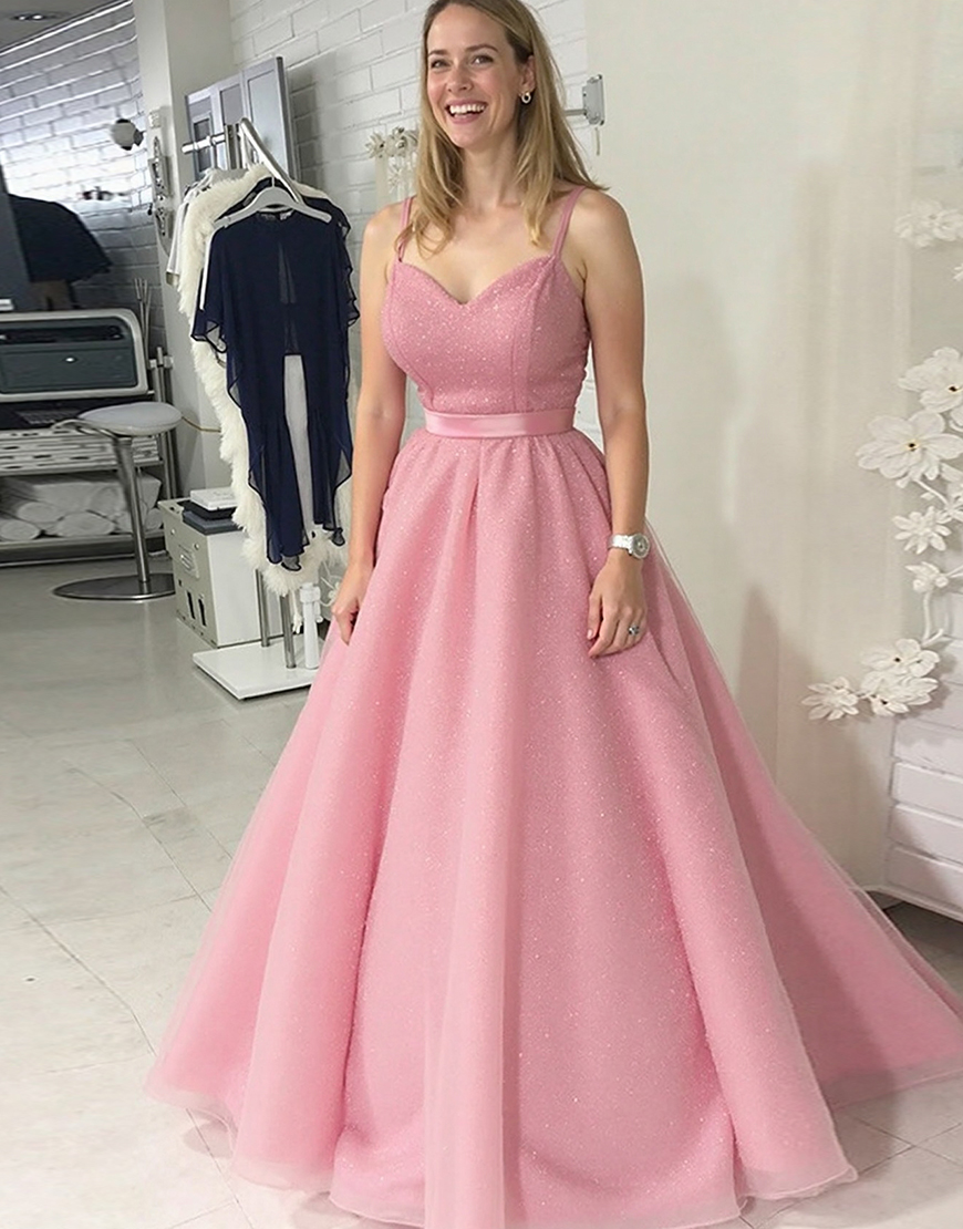 Sparkly Grey Pink A-Line Spaghetti Straps Tulle Long Prom Dress With Sequin