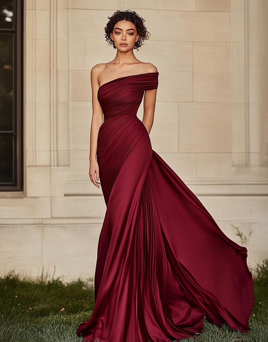 Elegant Burgundy One Shoulder Ruched Satin Long Formal Dress 