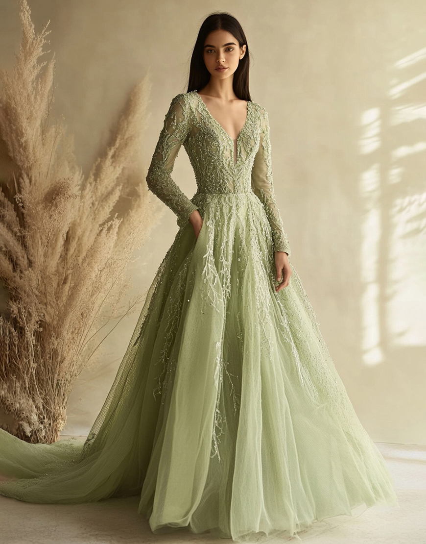 Elegant Dusty Sage Long Sleeve V-Neck Tulle Long Prom Dress With Lace Appliques