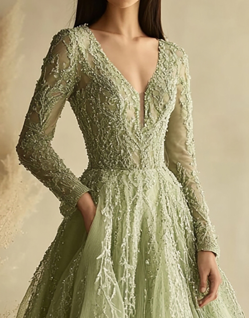Elegant Dusty Sage Long Sleeve V-Neck Tulle Long Prom Dress With Lace Appliques