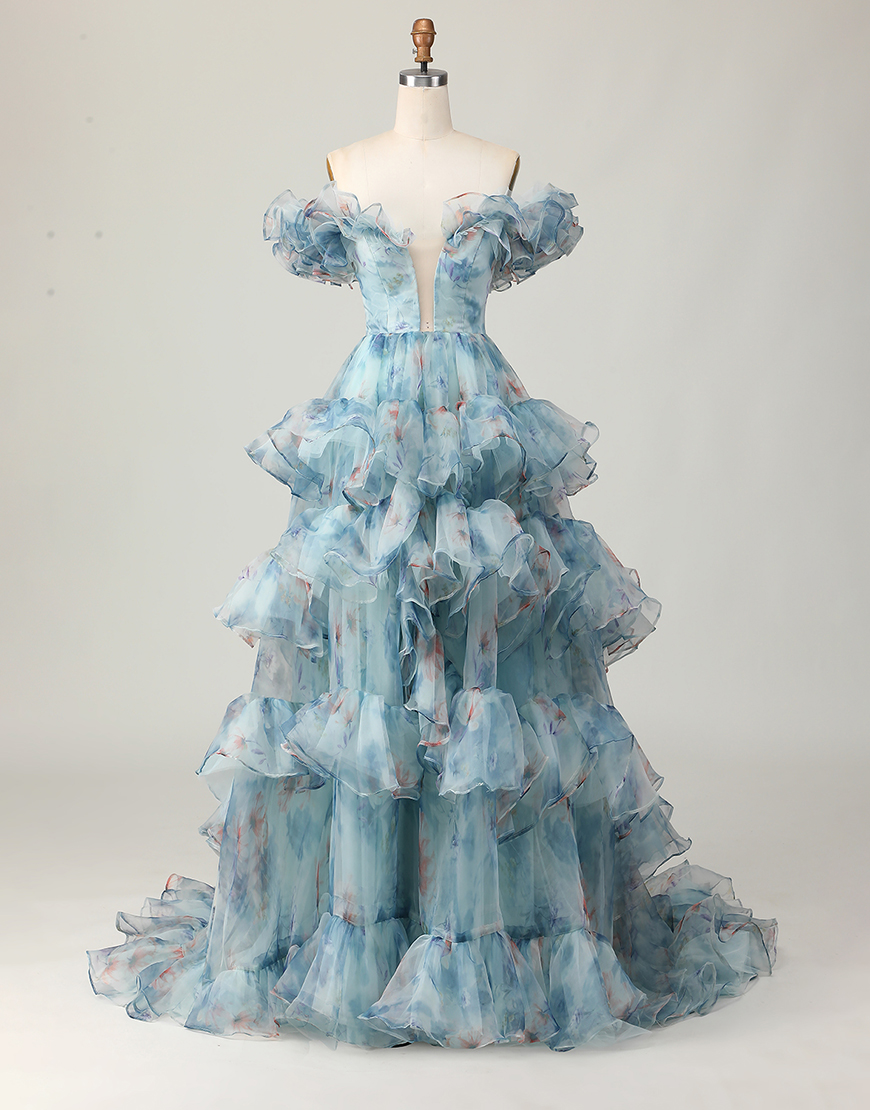 Chic Blue Off The Shoulder Tulle Long Prom Dress With Ruffles