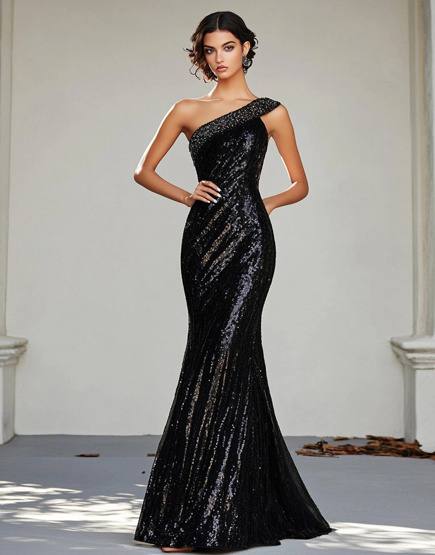 Sparkly Black Sheath One Shoulder Sequined Long Formal Dress With Beading