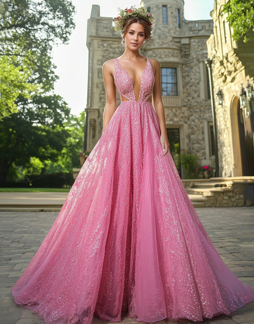Sparkly Fuchsia Straps Deep-V Slit Sequined Long Prom Dress With Appliques