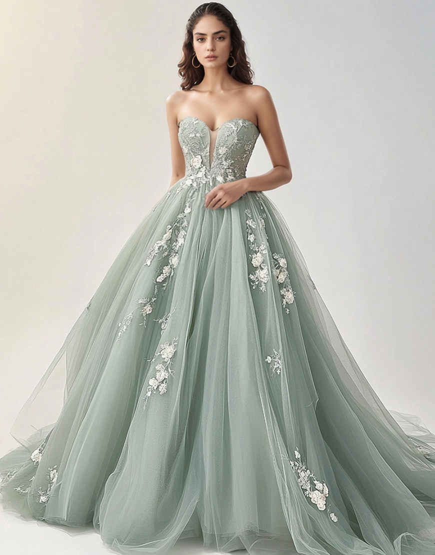 Graceful Grey Green Strapless Tulle Long Prom Dress With Lace Appliques