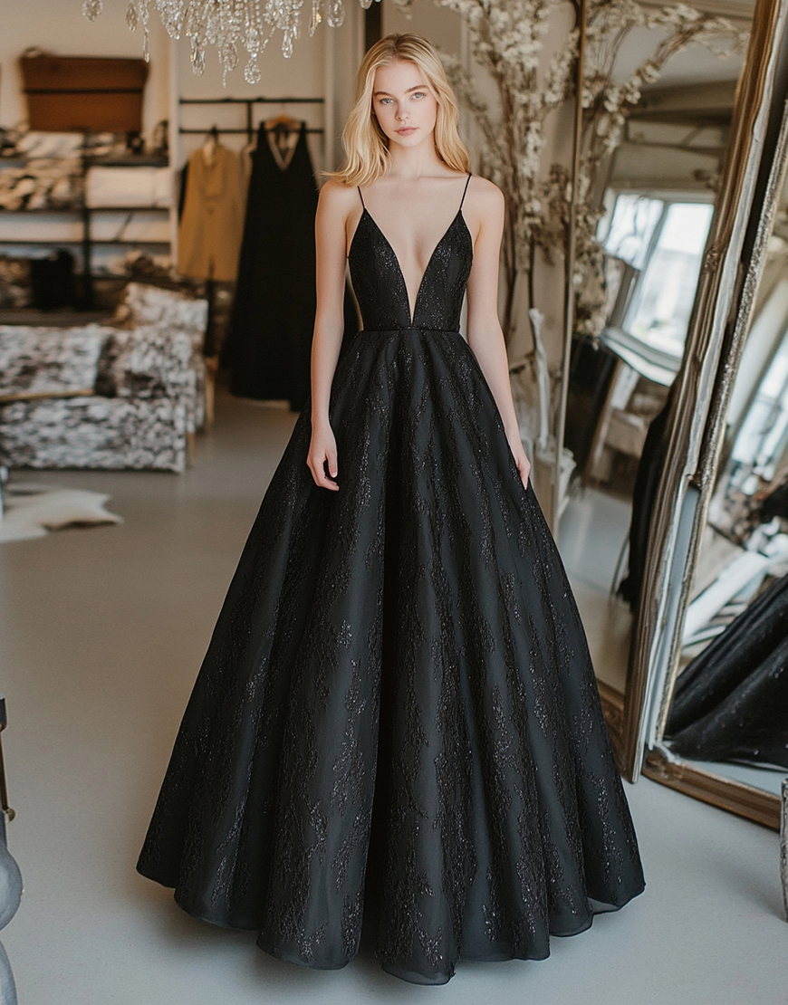 Graceful Black Spaghetti Straps Deep V Long Prom Dress With Lace Appliques