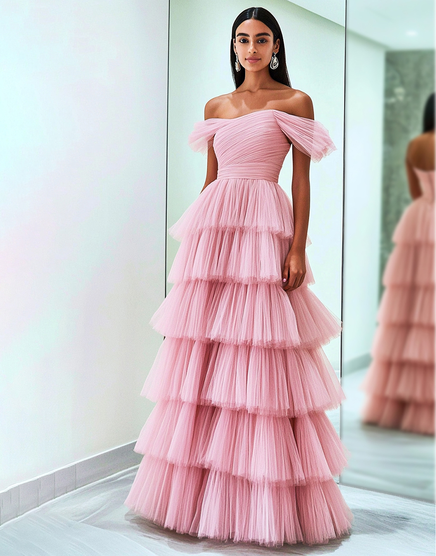 Graceful Pink Off The Shoulder Ruched Tulle Long Prom Dress