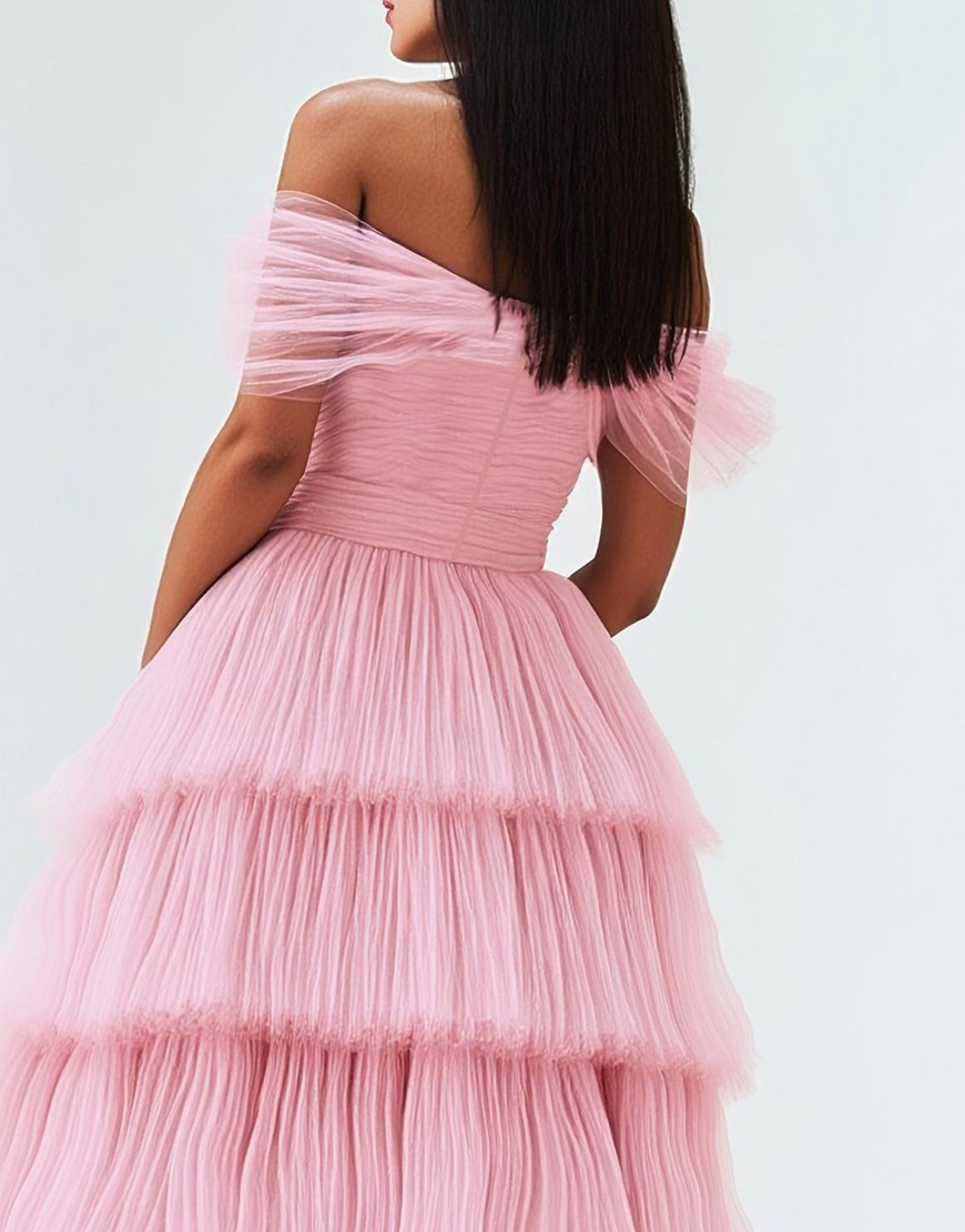 Graceful Pink A-Line Off The Shoulder Ruched Ruffles Tulle Long Prom Dress