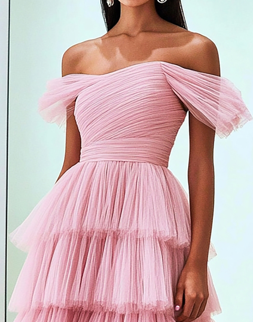 Graceful Pink Off The Shoulder Ruched Tulle Long Prom Dress